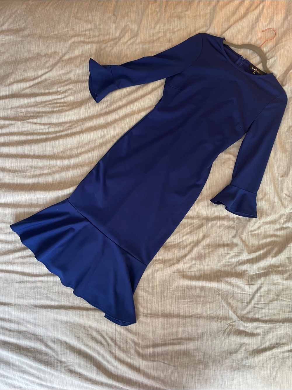 Lulus Royal Blue flounce hem 3/4 sleeve bodycon dress, Small